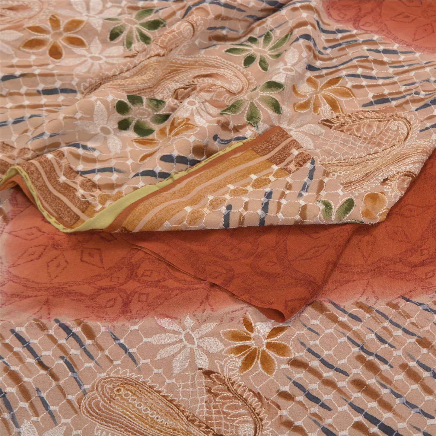 Sanskriti Vintage Brune Sarier Ren Georgette Silke Print Broderet Sari Bæredygtigt Stoff