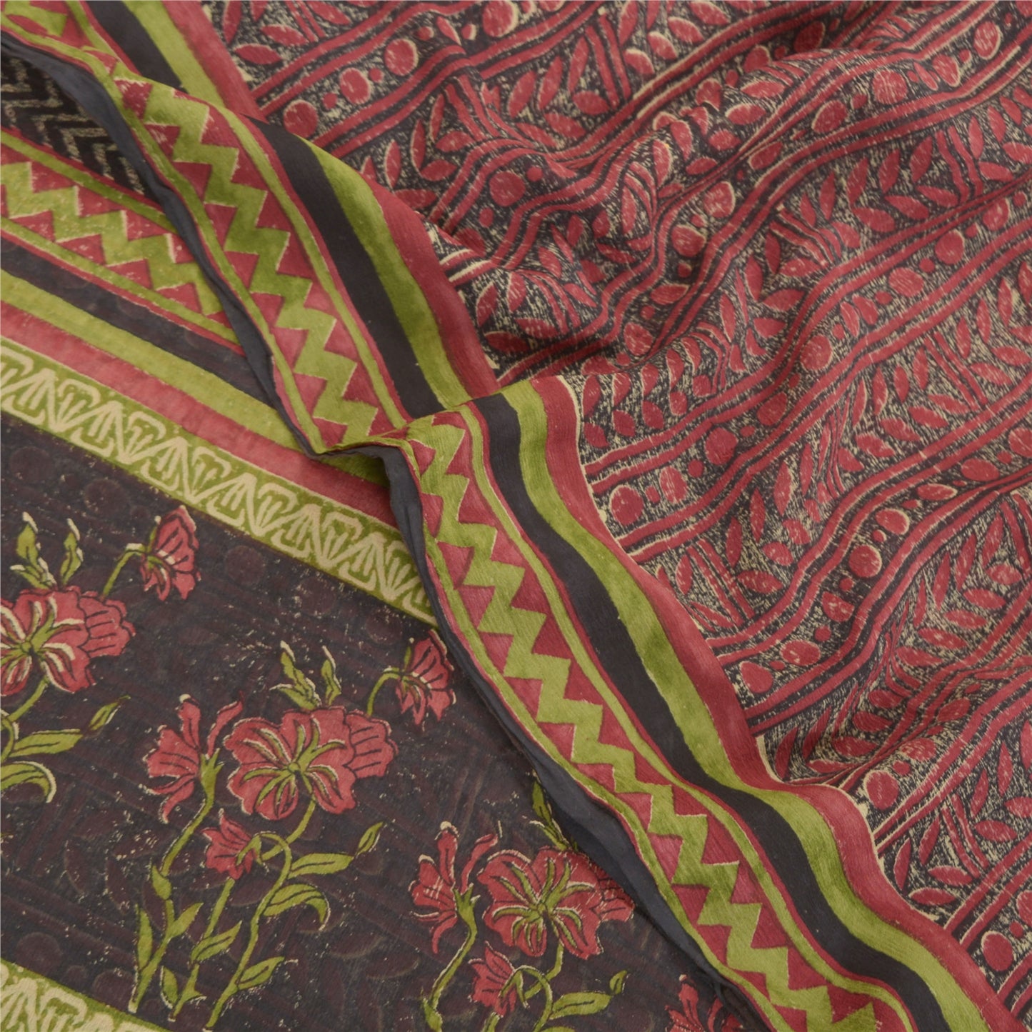 Sanskriti Vintage Røde Sarier 100% Ren Chiffon Silke Trykt Sari Håndværk Bæredygtigt Stoff