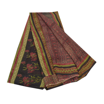 Sanskriti Vintage Røde Sarier 100% Ren Chiffon Silke Trykt Sari Håndværk Bæredygtigt Stoff
