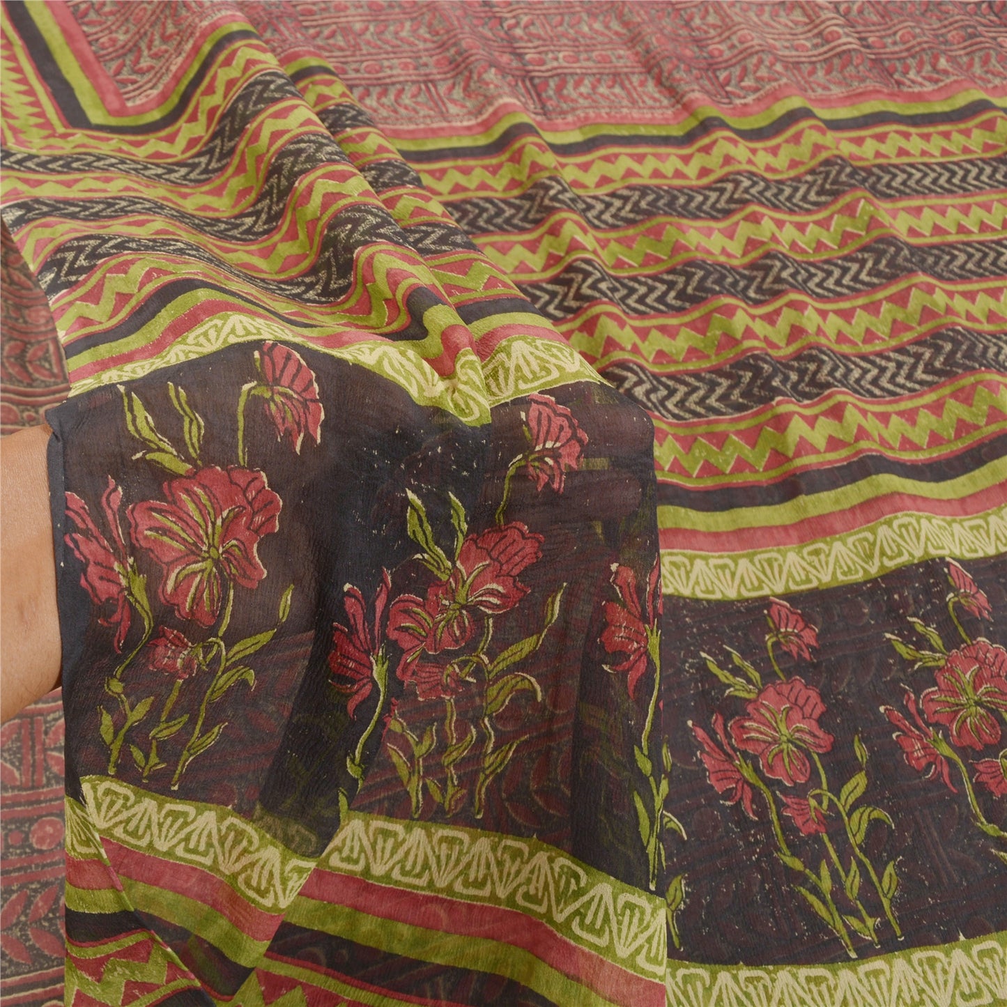 Sanskriti Vintage Røde Sarier 100% Ren Chiffon Silke Trykt Sari Håndværk Bæredygtigt Stoff