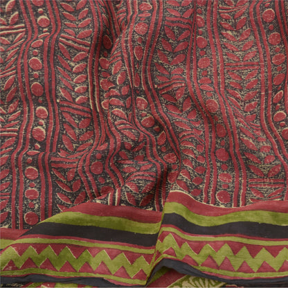 Sanskriti Vintage Røde Sarier 100% Ren Chiffon Silke Trykt Sari Håndværk Bæredygtigt Stoff