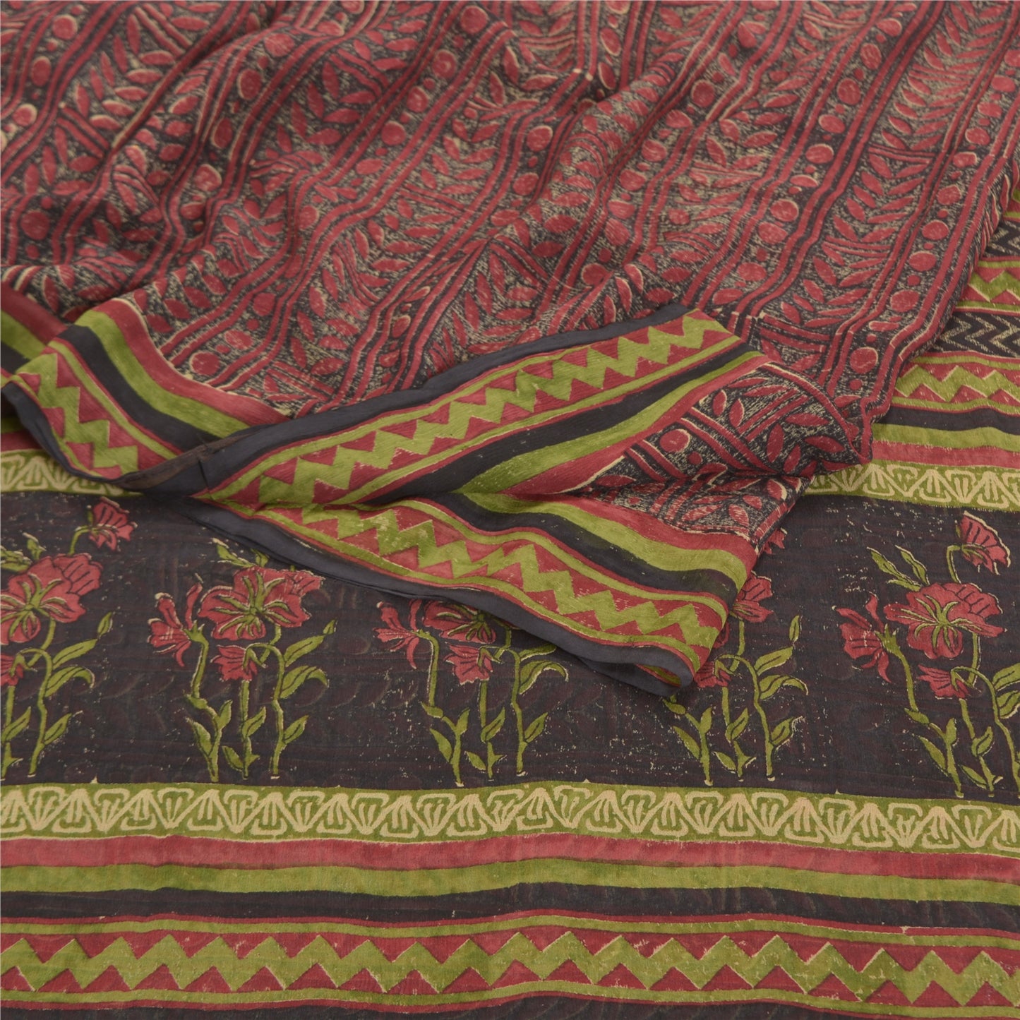 Sanskriti Vintage Røde Sarier 100% Ren Chiffon Silke Trykt Sari Håndværk Bæredygtigt Stoff
