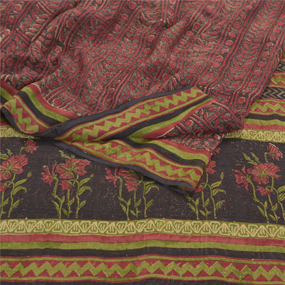 Sanskriti Vintage Røde Sarier 100% Ren Chiffon Silke Trykt Sari Håndværk Bæredygtigt Stoff