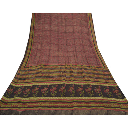 Sanskriti Vintage Røde Sarier 100% Ren Chiffon Silke Trykt Sari Håndværk Bæredygtigt Stoff