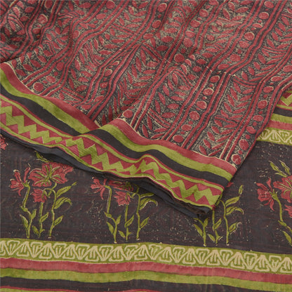 Sanskriti Vintage Røde Sarier 100% Ren Chiffon Silke Trykt Sari Håndværk Bæredygtigt Stoff