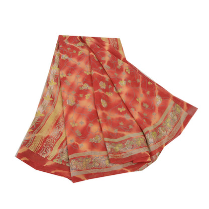 Sanskriti Vintage Røde Sarier Ren Georgette Silke Leheria Trykt Sari Bæredygtigt Stof