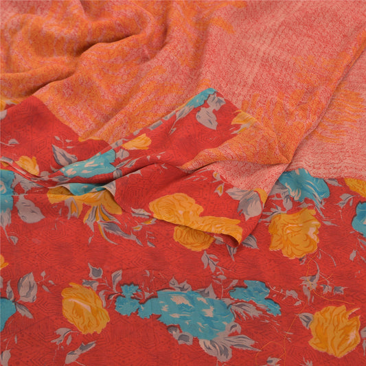 Sanskriti Vintage Red Sarees Pure Georgette Silk Printed Sari Soft Craft Sustainable Fabric