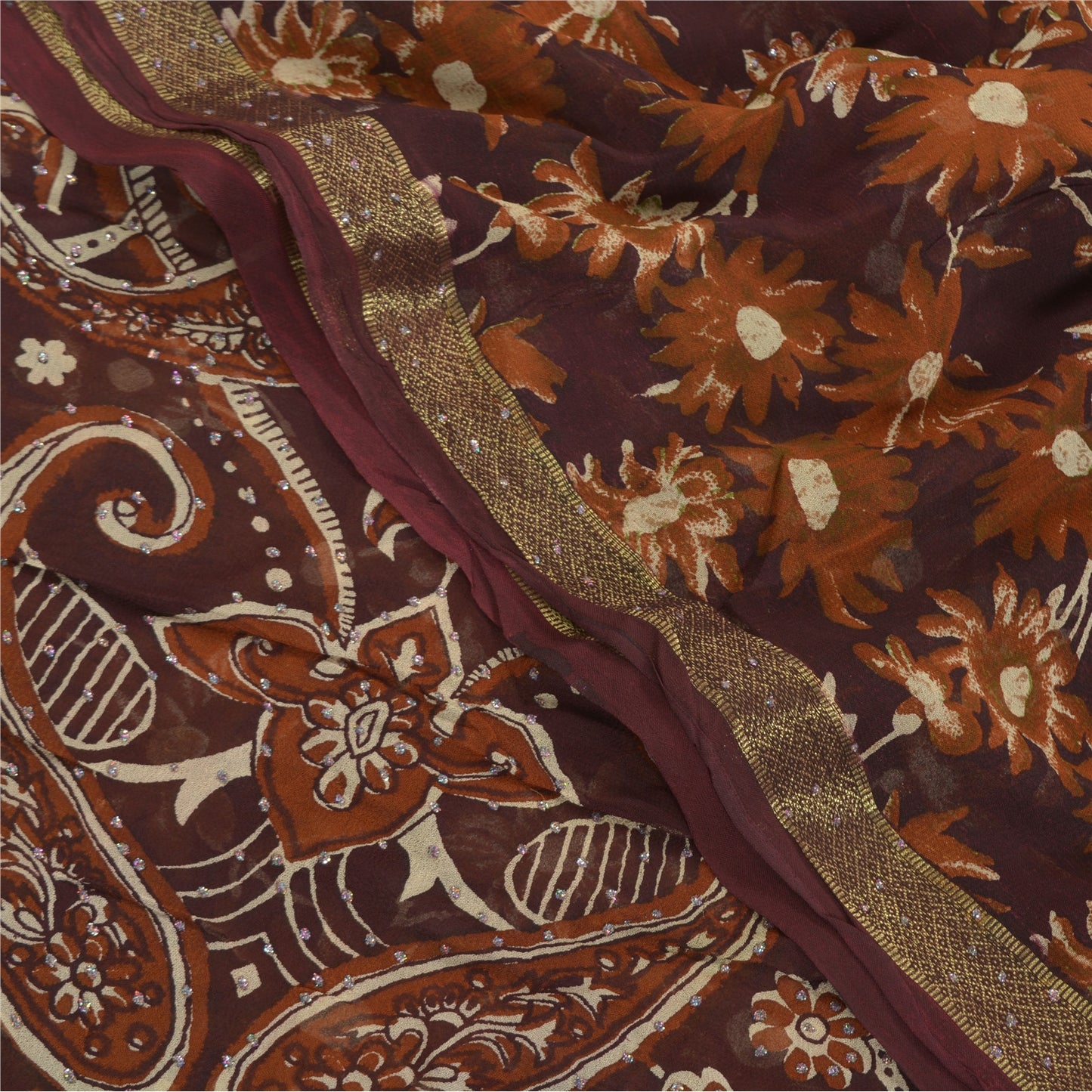 Sanskriti Vintage 100% Pure Georgette Silk Deep Brown Printed Sparkle Saree 5 Yd Craft Fabric Floral Recycled For Quilting, Home Decor