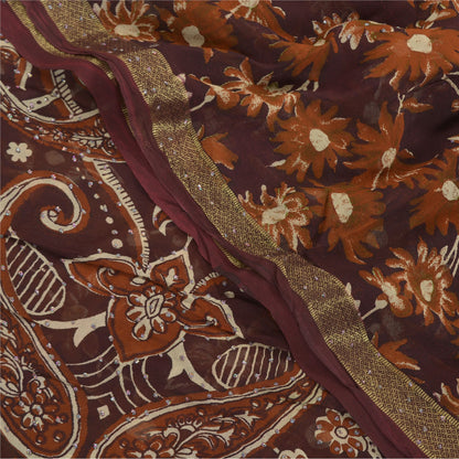 Sanskriti Vintage 100% Pure Georgette Silk Deep Brown Printed Sparkle Saree 5 Yd Craft Fabric Floral Recycled For Quilting, Home Decor