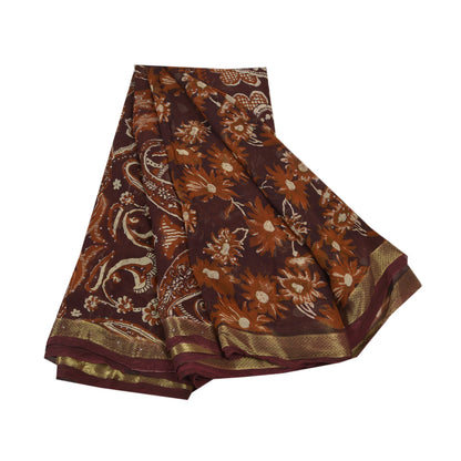 Sanskriti Vintage 100% Pure Georgette Silk Deep Brown Printed Sparkle Saree 5 Yd Craft Fabric Floral Recycled For Quilting, Home Decor