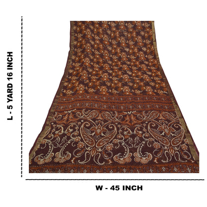 Sanskriti Vintage 100% Pure Georgette Silk Deep Brown Printed Sparkle Saree 5 Yd Craft Fabric Floral Recycled For Quilting, Home Decor