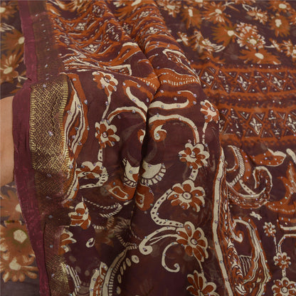 Sanskriti Vintage 100% Pure Georgette Silk Deep Brown Printed Sparkle Saree 5 Yd Craft Fabric Floral Recycled For Quilting, Home Decor