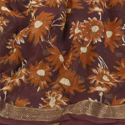 Sanskriti Vintage 100% Pure Georgette Silk Deep Brown Printed Sparkle Saree 5 Yd Craft Fabric Floral Recycled For Quilting, Home Decor
