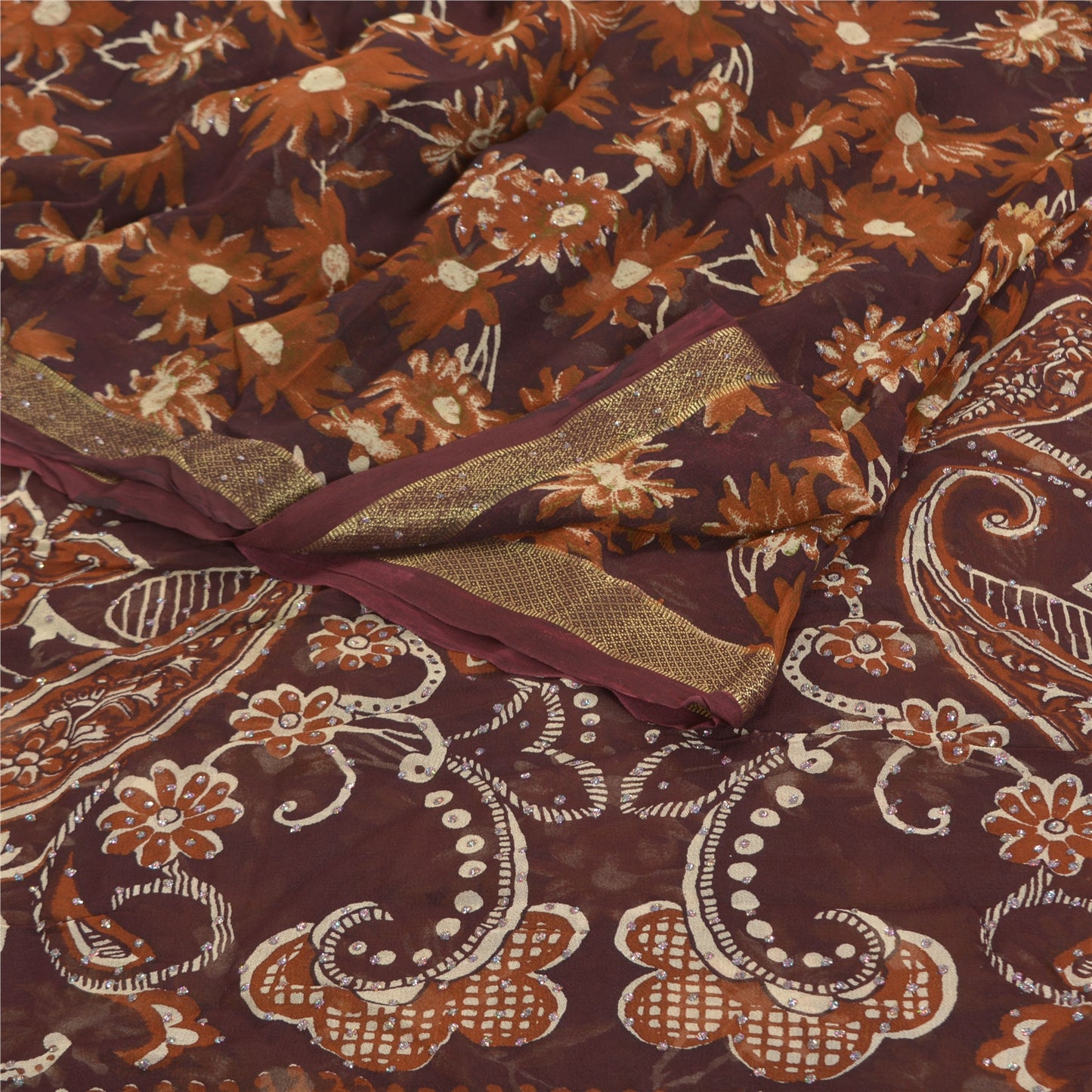 Sanskriti Vintage 100% Pure Georgette Silk Deep Brown Printed Sparkle Saree 5 Yd Craft Fabric Floral Recycled For Quilting, Home Decor
