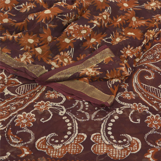Sanskriti Vintage 100% Pure Georgette Silk Deep Brown Printed Sparkle Saree 5 Yd Craft Fabric Floral Recycled For Quilting, Home Decor