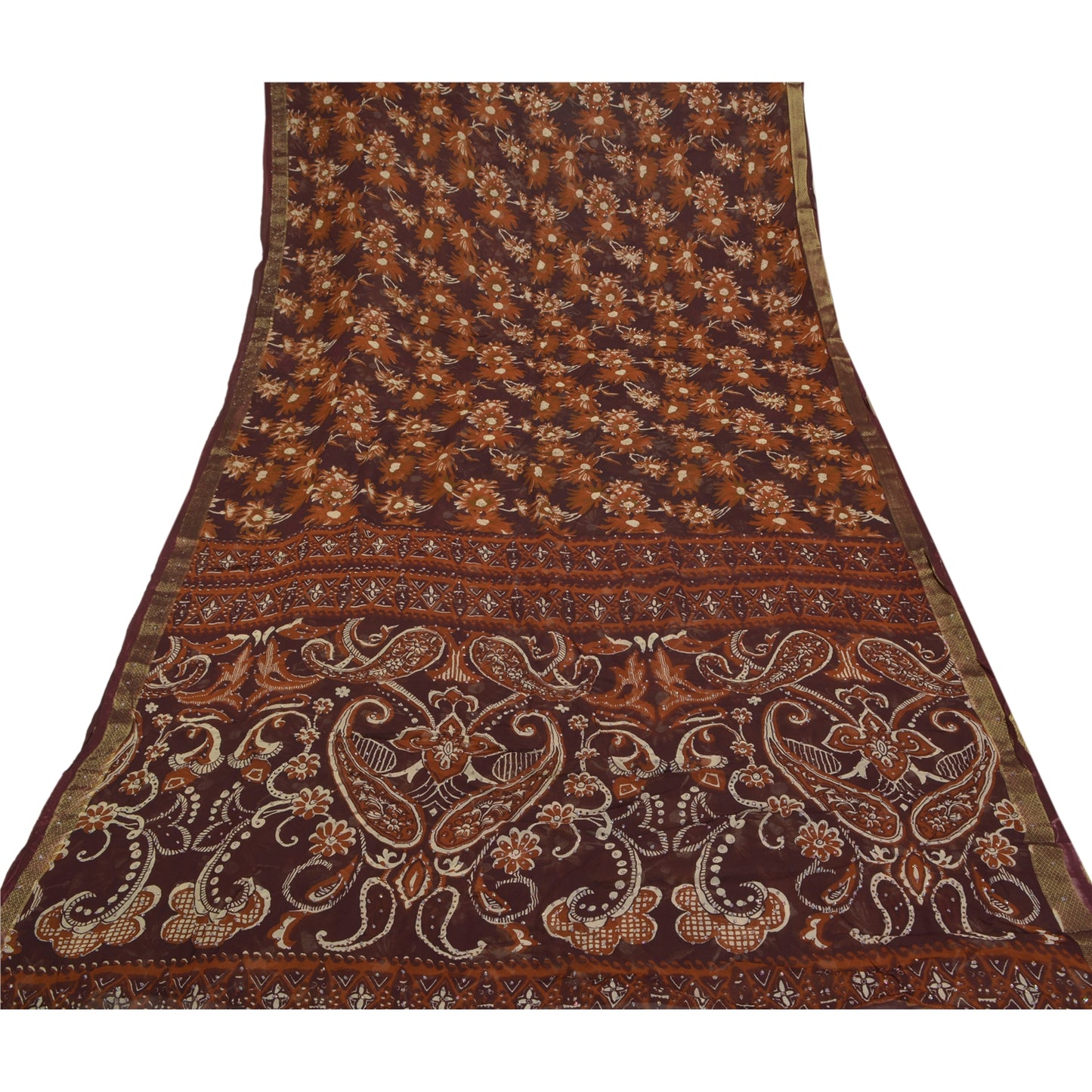 Sanskriti Vintage 100% Pure Georgette Silk Deep Brown Printed Sparkle Saree 5 Yd Craft Fabric Floral Recycled For Quilting, Home Decor