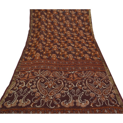 Sanskriti Vintage 100% Pure Georgette Silk Deep Brown Printed Sparkle Saree 5 Yd Craft Fabric Floral Recycled For Quilting, Home Decor