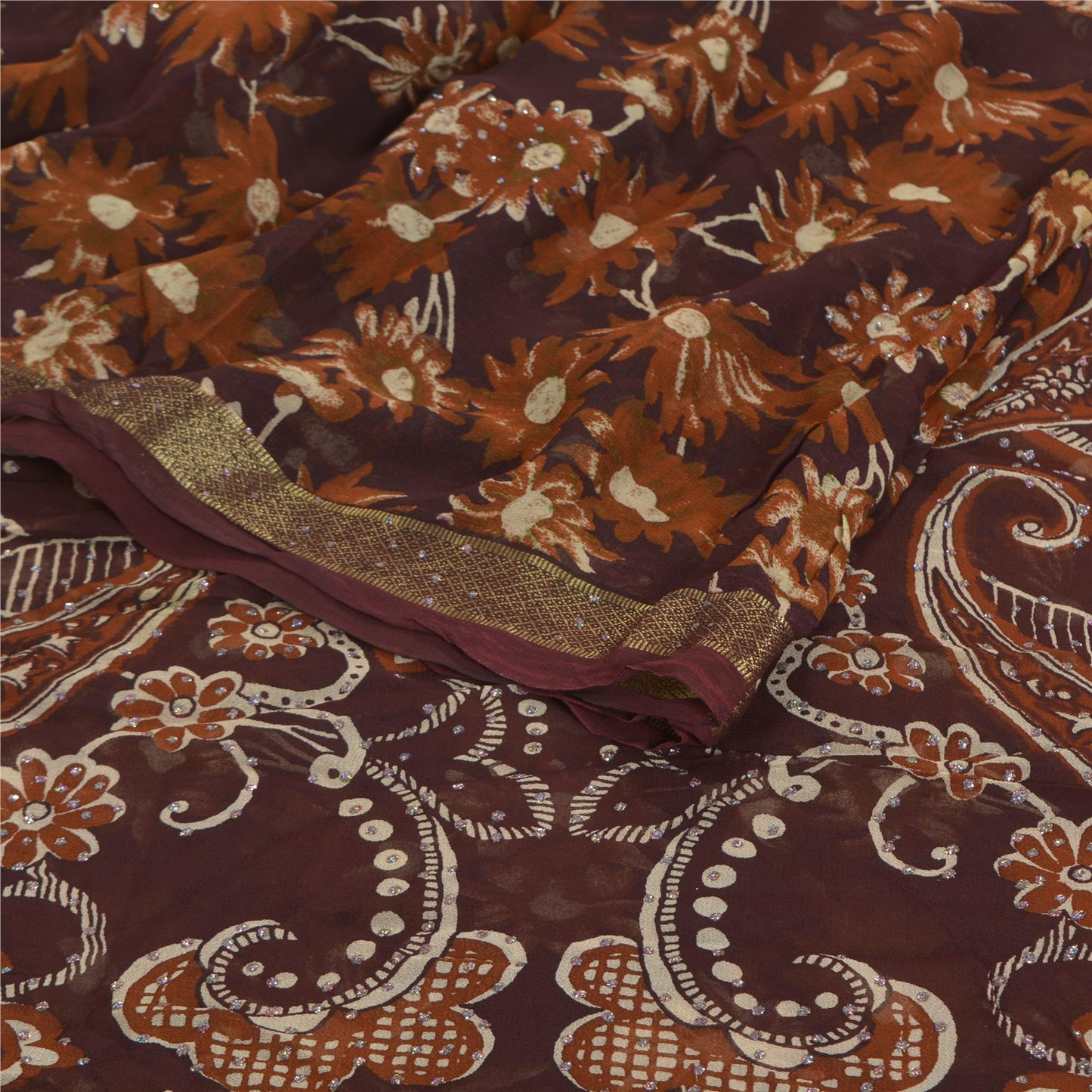 Sanskriti Vintage 100% Pure Georgette Silk Deep Brown Printed Sparkle Saree 5 Yd Craft Fabric Floral Recycled For Quilting, Home Decor