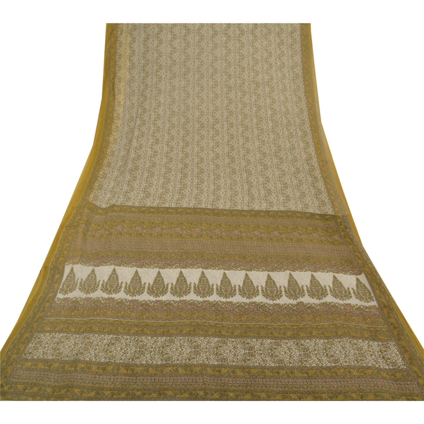 Санскрити Винтаж Крем Индийские Сари Жоржет Печатный Сари 5YD Craft Экологичная Ткань