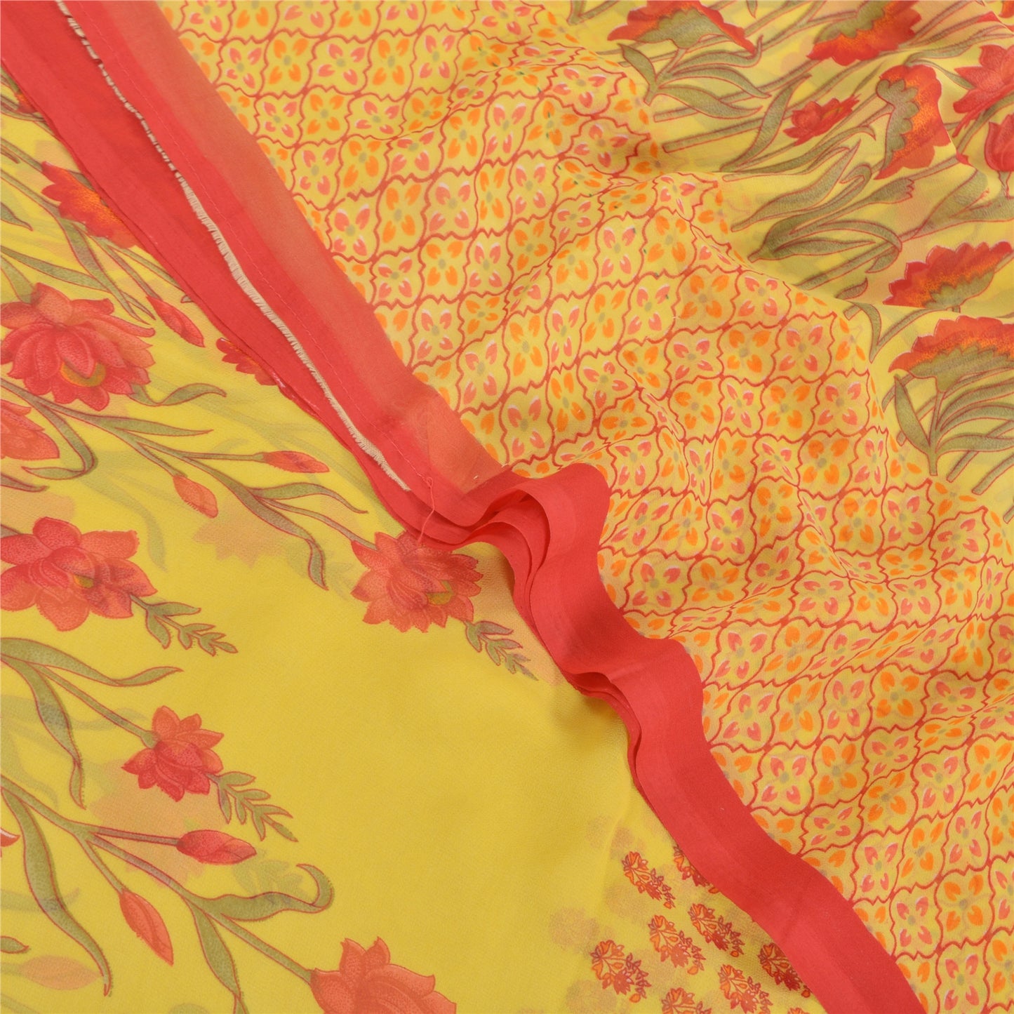 Sanskriti Vintage Saree Yellow & Red Georgette 6+Yd Saree Floral Printed Bollywood Sari Floral Craft Fabric Supplies Dress Meterial