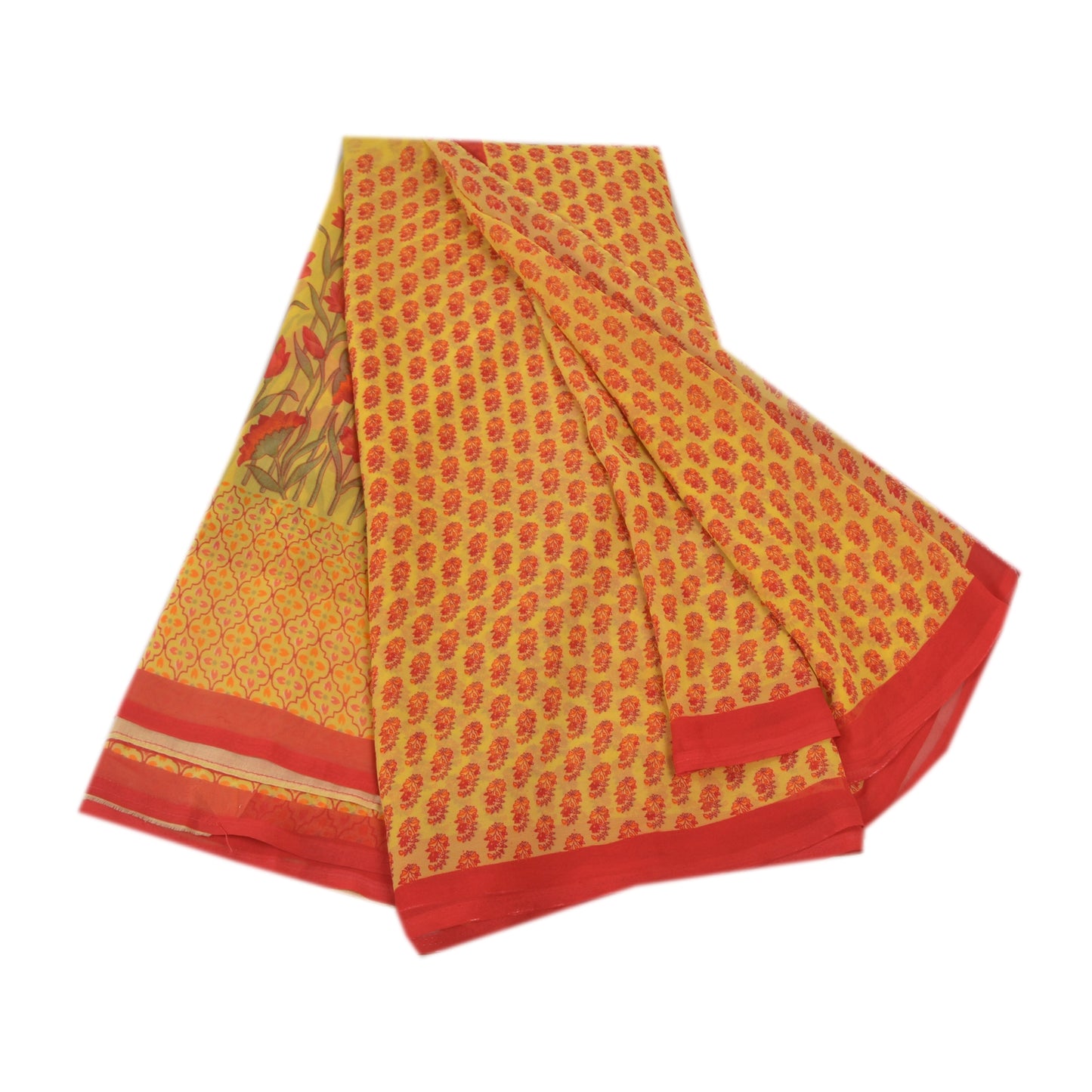 Sanskriti Vintage Saree Yellow & Red Georgette 6+Yd Saree Floral Printed Bollywood Sari Floral Craft Fabric Supplies Dress Meterial