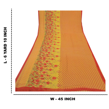 Sanskriti Vintage Saree Yellow & Red Georgette 6+Yd Saree Floral Printed Bollywood Sari Floral Craft Fabric Supplies Dress Meterial