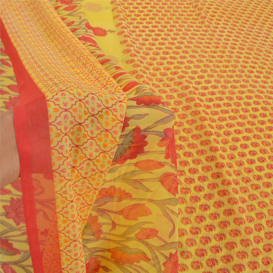 Sanskriti Vintage Sarier Gul Georgette Trykt Sari 5YD Blomster Håndværk Bæredygtigt Stoff