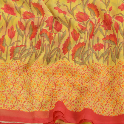 Sanskriti Vintage Saree Yellow & Red Georgette 6+Yd Saree Floral Printed Bollywood Sari Floral Craft Fabric Supplies Dress Meterial