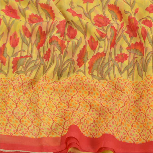 Sanskriti Vintage Sarier Gul Georgette Trykt Sari 5YD Blomster Håndværk Bæredygtigt Stoff