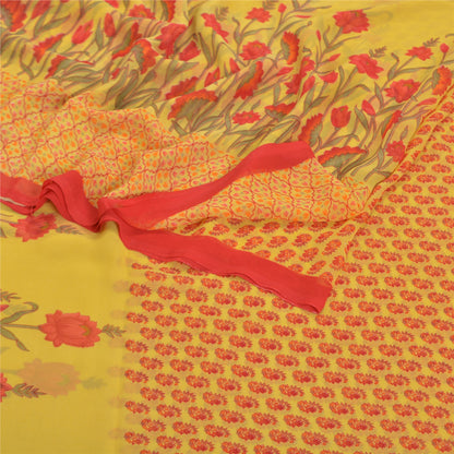 Sanskriti Vintage Saree Yellow & Red Georgette 6+Yd Saree Floral Printed Bollywood Sari Floral Craft Fabric Supplies Dress Meterial