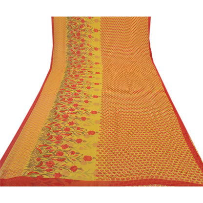 Sanskriti Vintage Saree Yellow & Red Georgette 6+Yd Saree Floral Printed Bollywood Sari Floral Craft Fabric Supplies Dress Meterial