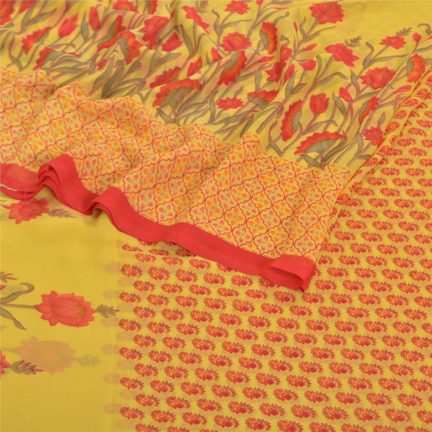 Sanskriti Vintage Saree Yellow & Red Georgette 6+Yd Saree Floral Printed Bollywood Sari Floral Craft Fabric Supplies Dress Meterial