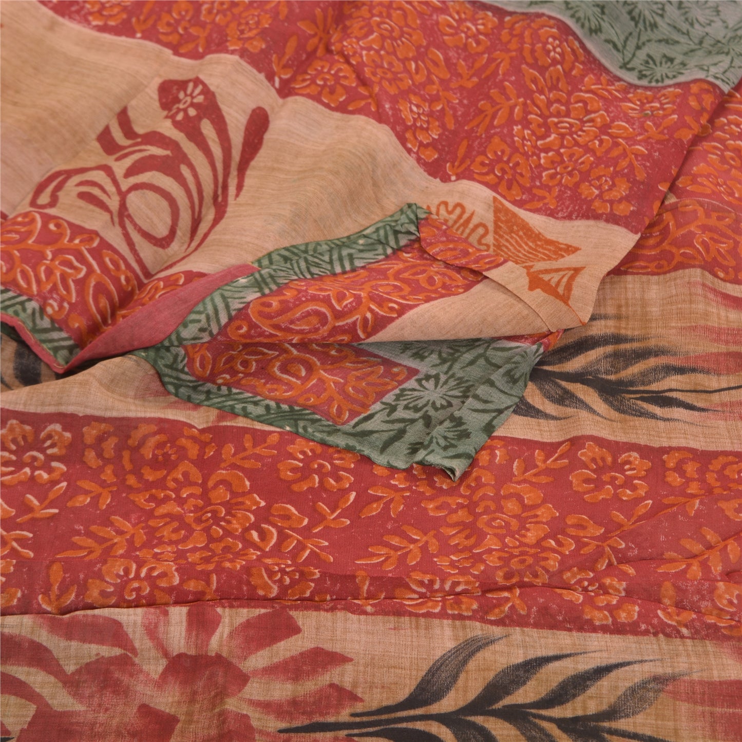 Sanskriti Vintage Sari Blend Georgette Red Printed Saree 5 Yard Craft Fabric Boho Floral Quilting Material For DIY Projects Home Decor