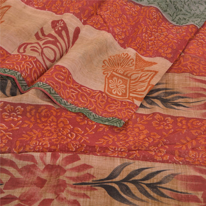 Sanskriti Vintage Sari Blend Georgette Red Printed Saree 5 Yard Craft Fabric Boho Floral Quilting Material For DIY Projects Home Decor
