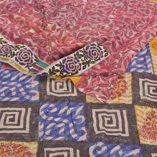 Sanskriti Vintage Rød Sari Blandet Georgette Trykt Sari 5 Yard Håndværk Bæredygtigt Stoff