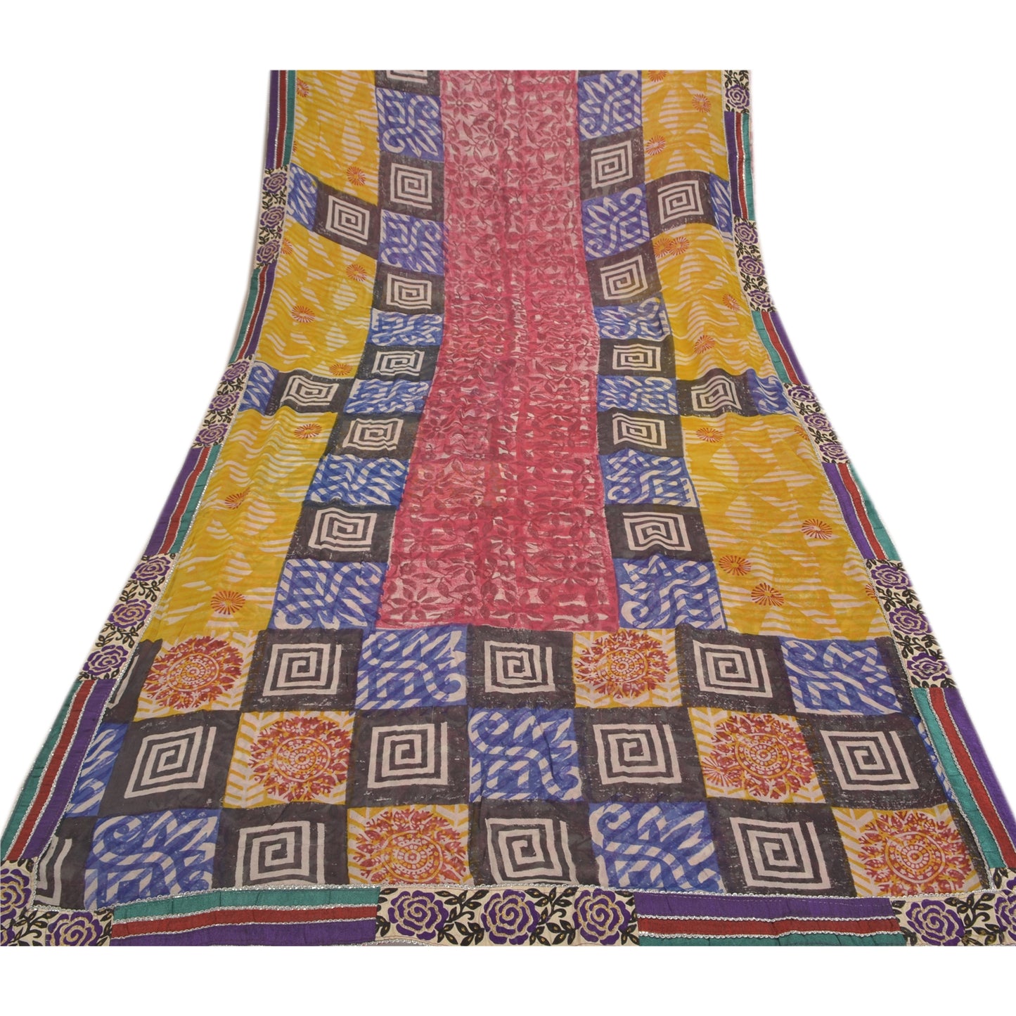 Sanskriti Vintage Rød Sari Blandet Georgette Trykt Sari 5 Yard Håndværk Bæredygtigt Stoff