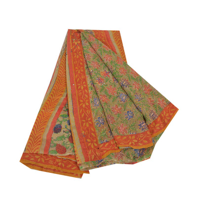 Sanskriti Vintage Grønne Sarier Ren Georgette Silke Trykt Håndperlet Sari Bæredygtigt Stof