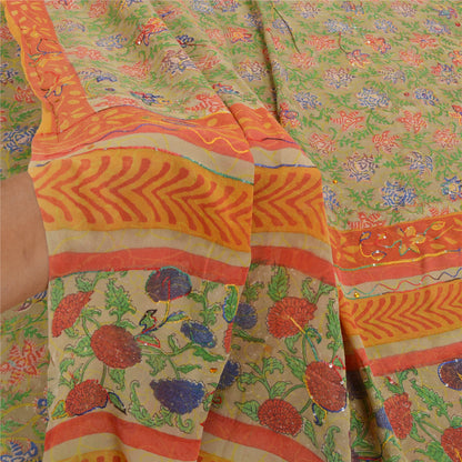 Sanskriti Vintage Grønne Sarier Ren Georgette Silke Trykt Håndperlet Sari Bæredygtigt Stof