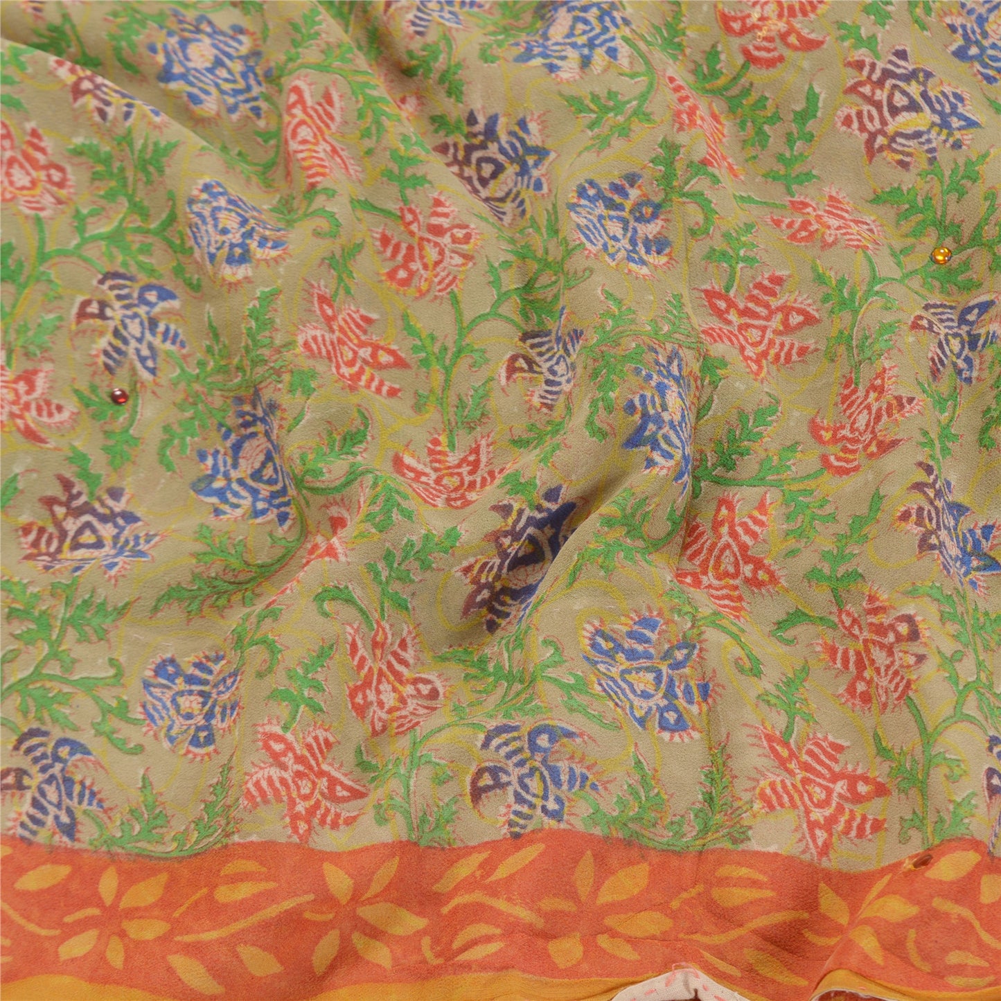 Sanskriti Vintage Grønne Sarier Ren Georgette Silke Trykt Håndperlet Sari Bæredygtigt Stof