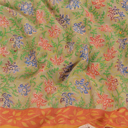 Sanskriti Vintage Grønne Sarier Ren Georgette Silke Trykt Håndperlet Sari Bæredygtigt Stof