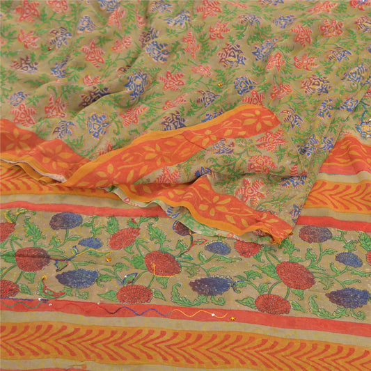 Sanskriti Vintage Grønne Sarier Ren Georgette Silke Trykt Håndperlet Sari Bæredygtigt Stof