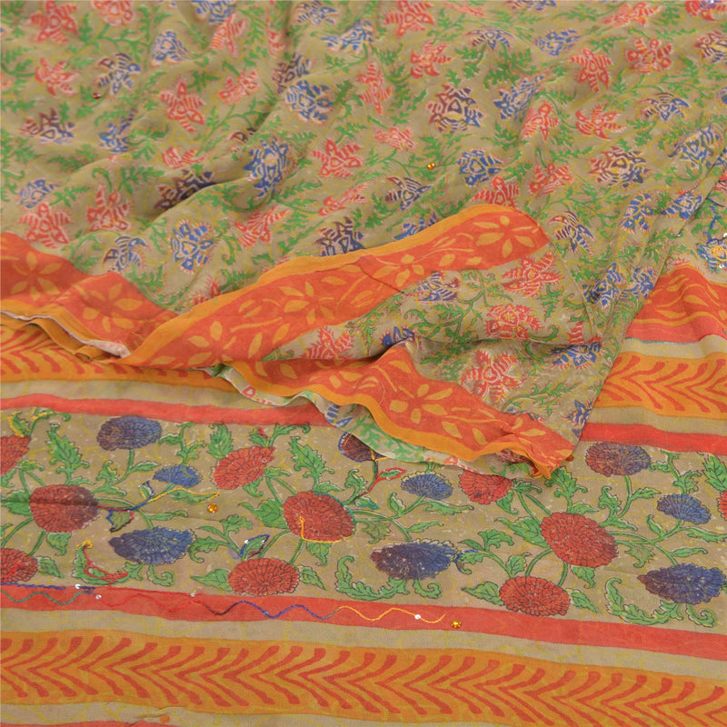 Sanskriti Vintage Green Sarees Pure Georgette Silk Print Hand Beaded Sari Sustainable Fabric