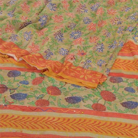 Sanskriti Vintage Grønne Sarier Ren Georgette Silke Trykt Håndperlet Sari Bæredygtigt Stof