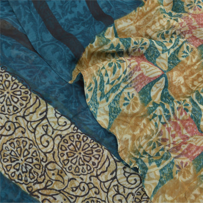 Sanskriti Vintage Saree Green 100% Pure Georgette Silk 5.5 Yard Saree Floral Printed Sari Floral Indian Craft Fabric Supplies Material