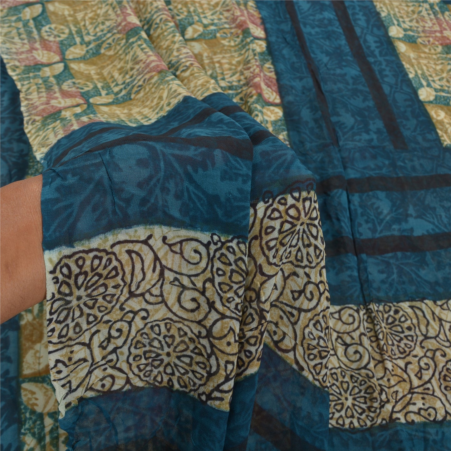 Sanskriti Vintage Saree Green 100% Pure Georgette Silk 5.5 Yard Saree Floral Printed Sari Floral Indian Craft Fabric Supplies Material