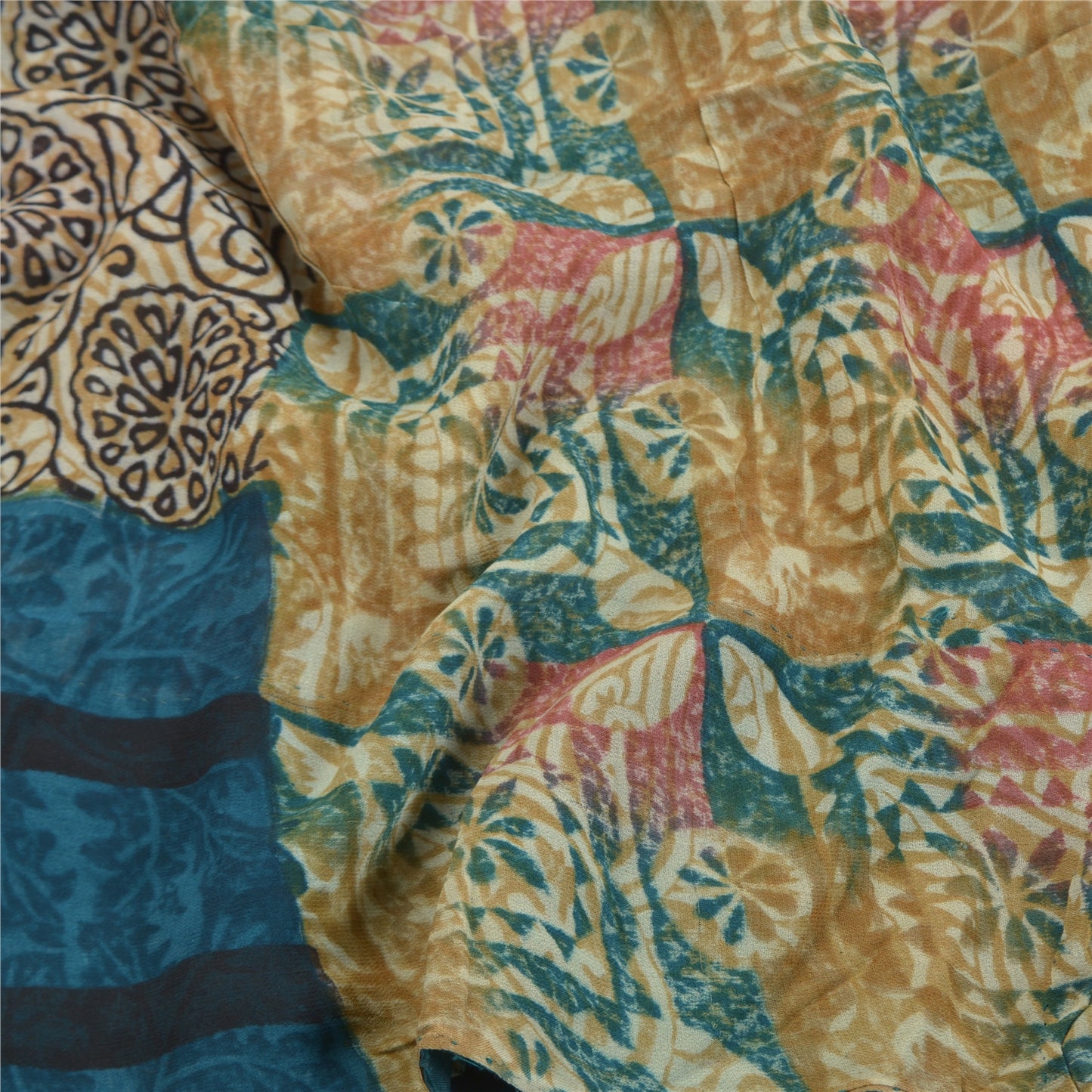 Sanskriti Vintage Saree Green 100% Pure Georgette Silk 5.5 Yard Saree Floral Printed Sari Floral Indian Craft Fabric Supplies Material