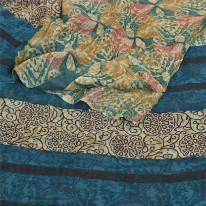 Sanskriti Vintage Saree Green 100% Pure Georgette Silk 5.5 Yard Saree Floral Printed Sari Floral Indian Craft Fabric Supplies Material