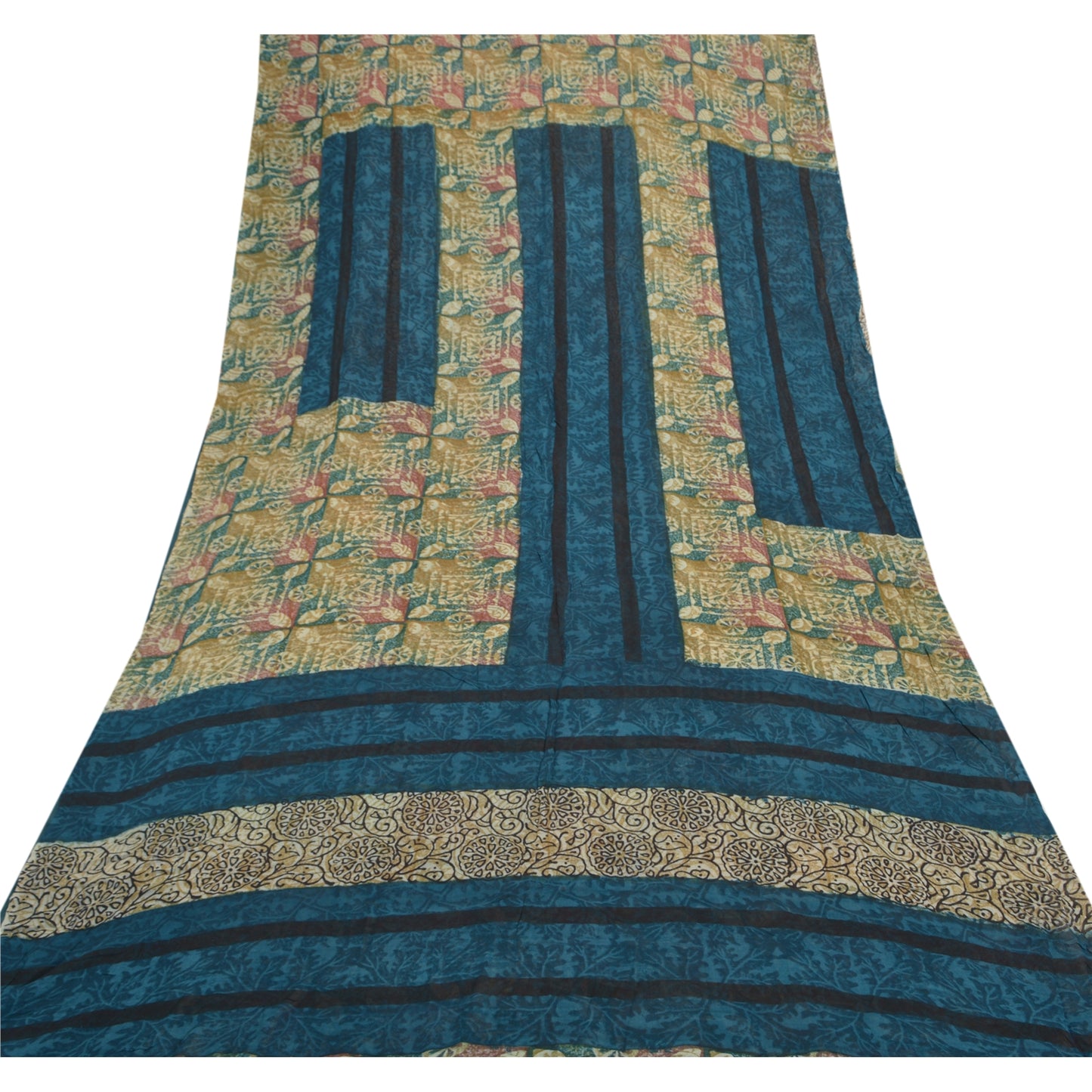 Sanskriti Vintage Saree Green 100% Pure Georgette Silk 5.5 Yard Saree Floral Printed Sari Floral Indian Craft Fabric Supplies Material