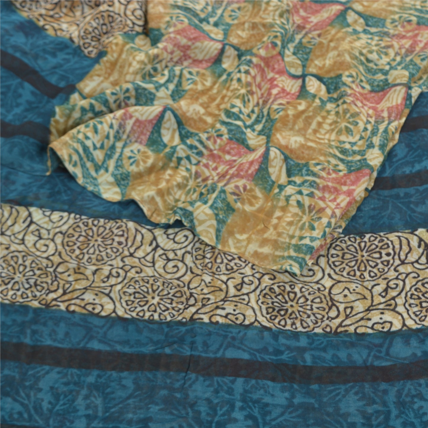 Sanskriti Vintage Saree Green 100% Pure Georgette Silk 5.5 Yard Saree Floral Printed Sari Floral Indian Craft Fabric Supplies Material
