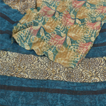 Sanskriti Vintage Saree Green 100% Pure Georgette Silk 5.5 Yard Saree Floral Printed Sari Floral Indian Craft Fabric Supplies Material